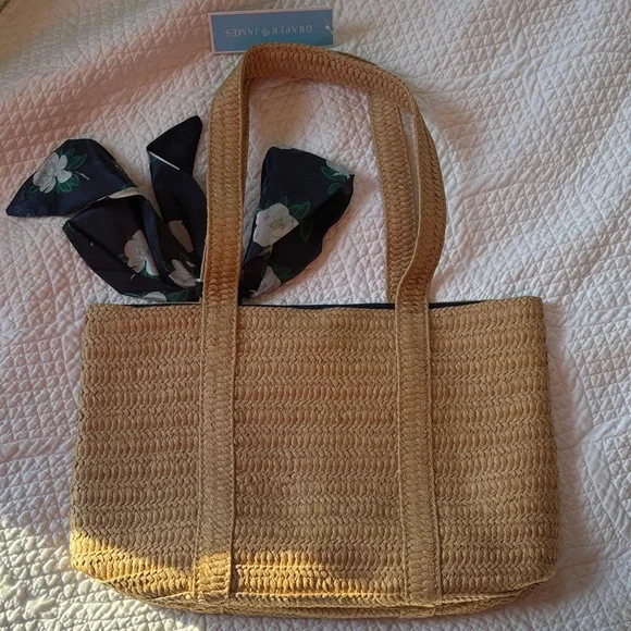 Draper James Tan Straw Tote with Navy Floral Scarf - Picture 2 of 4
